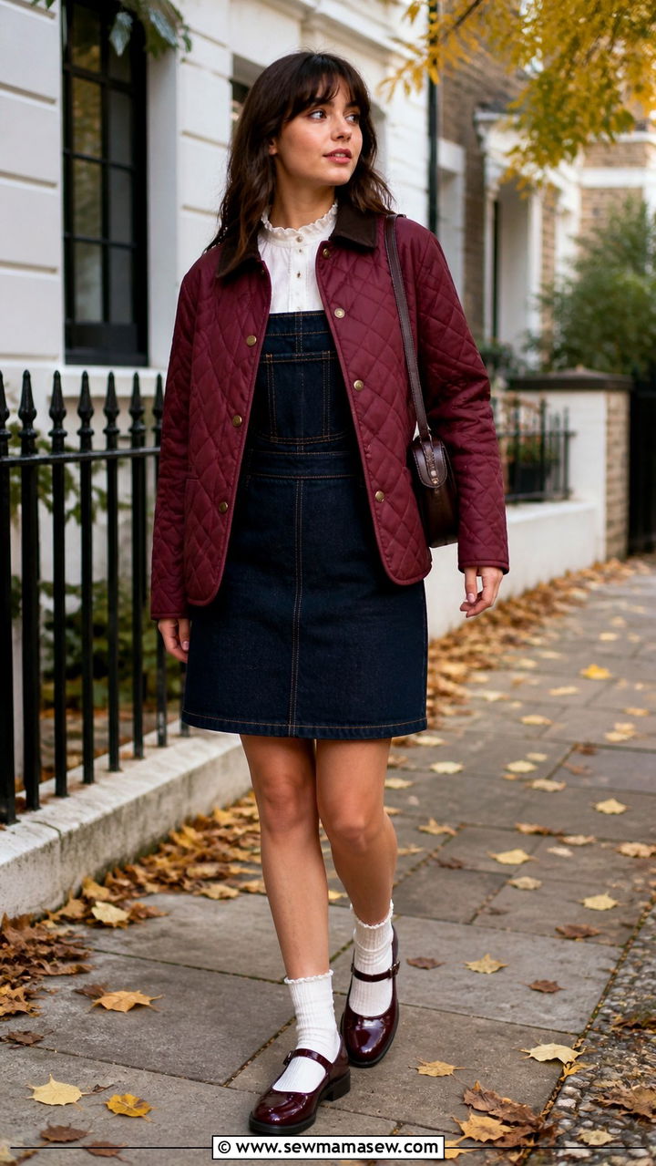 Quilted jacket with a pinafore dress and Mary Janes - 40 Quilted jacket outfit ideas