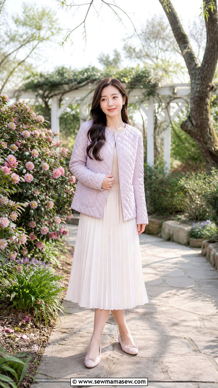 Quilted jacket with a pleated skirt and ballet flats - 40 Quilted jacket outfit ideas