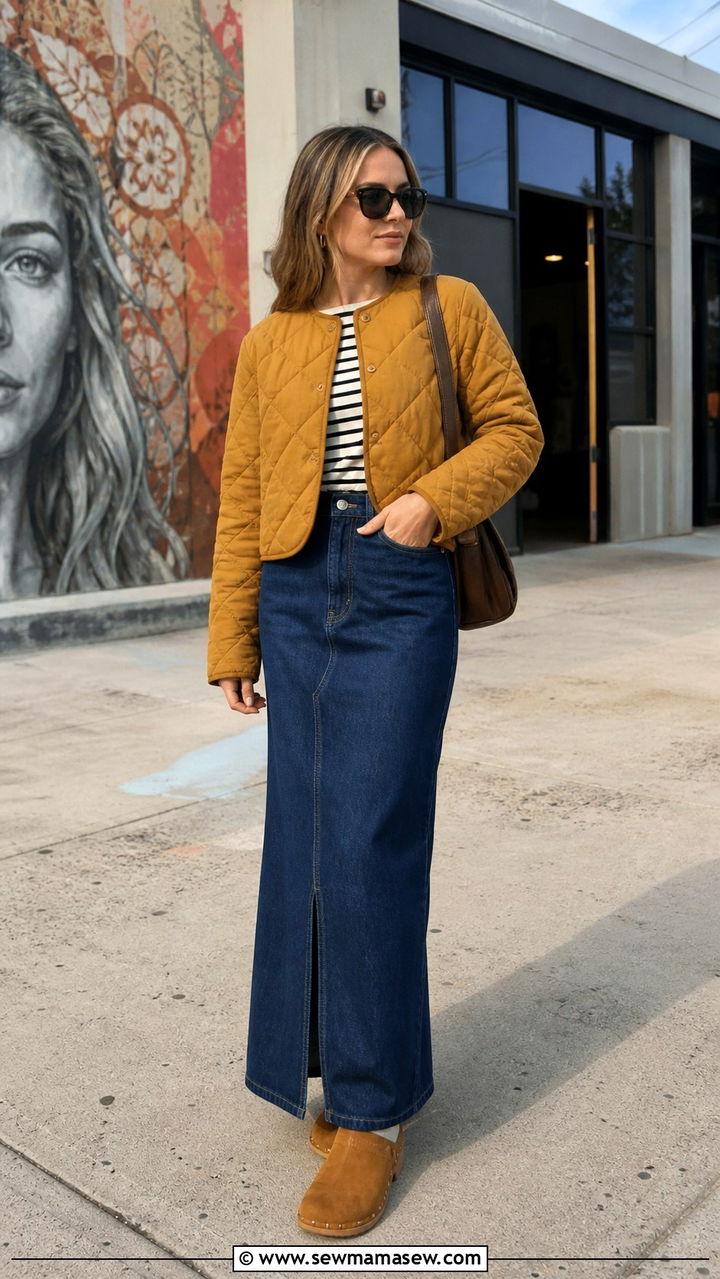 Quilted jacket with a satin slip skirt and sneakers - 40 Quilted jacket outfit ideas