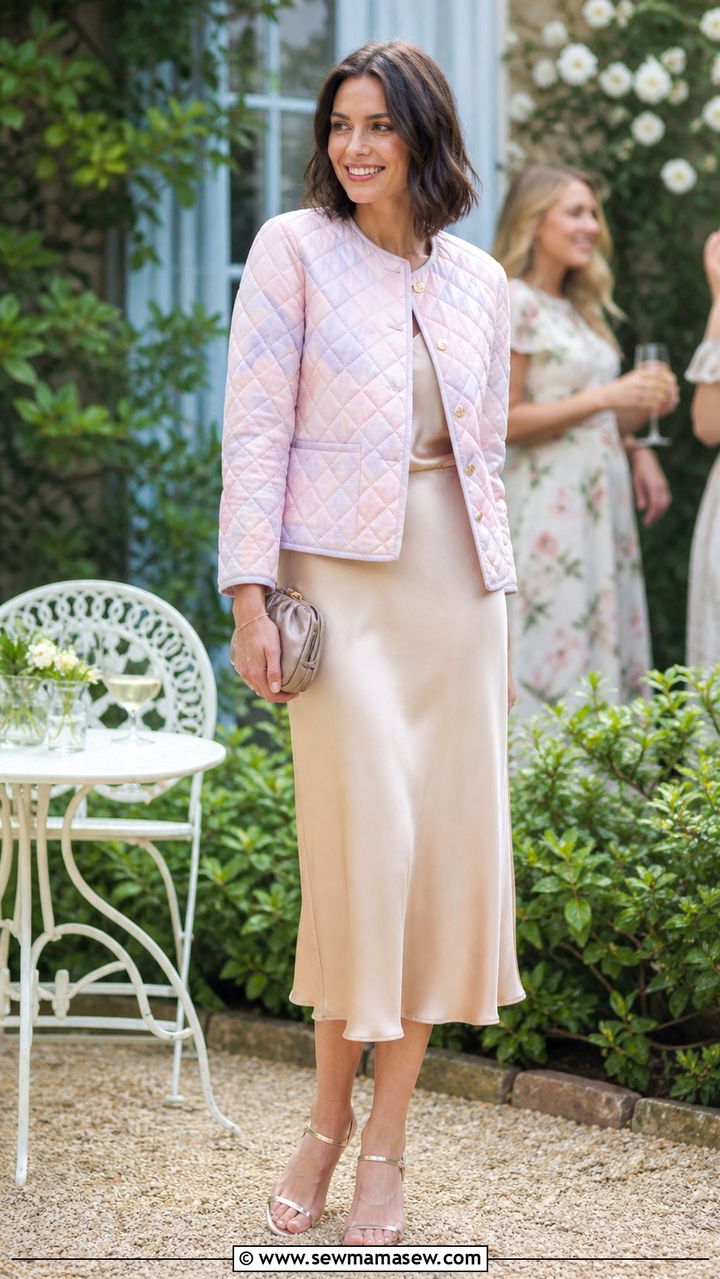 Quilted jacket with a silk midi skirt and strappy sandals - 40 Quilted jacket outfit ideas