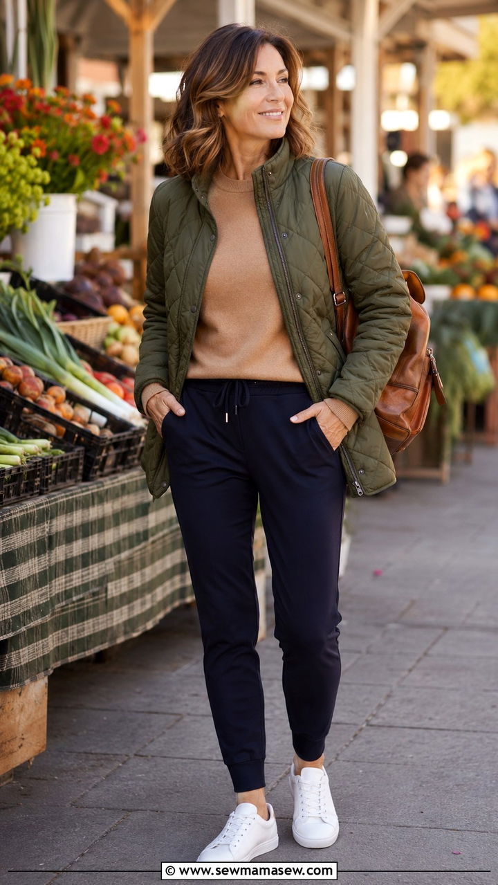Quilted jacket with a sweater and tailored joggers - 25 model off duty outfit ideas for women over 40