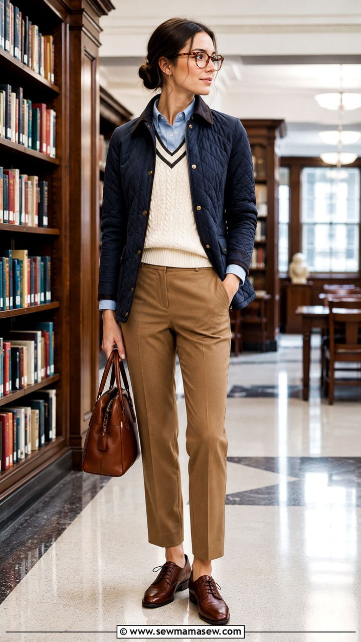 Quilted jacket with a sweater vest and trousers - 25 Old money outfit ideas with quilted jacket