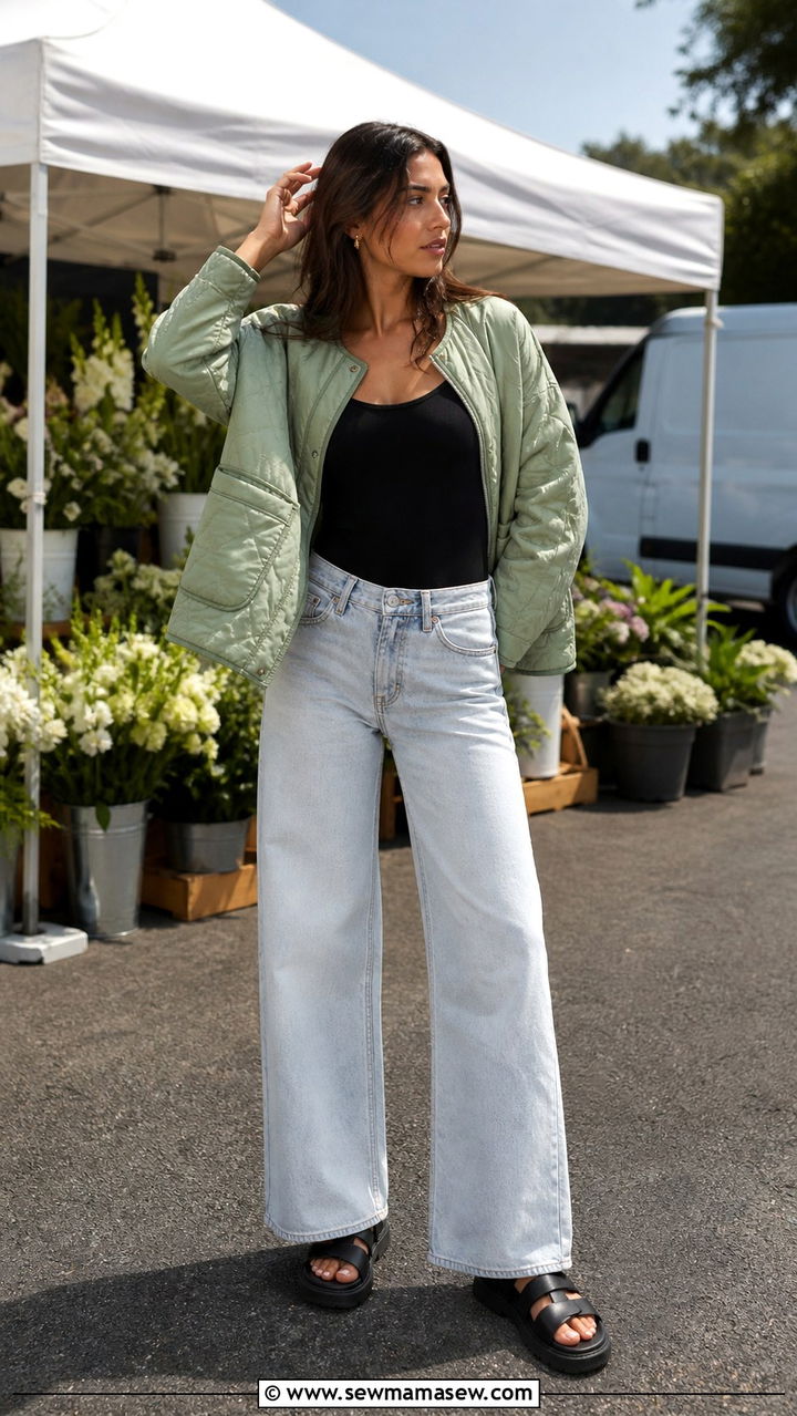 Quilted jacket with a tank bodysuit and wide leg jeans - 40 Quilted jacket outfit ideas