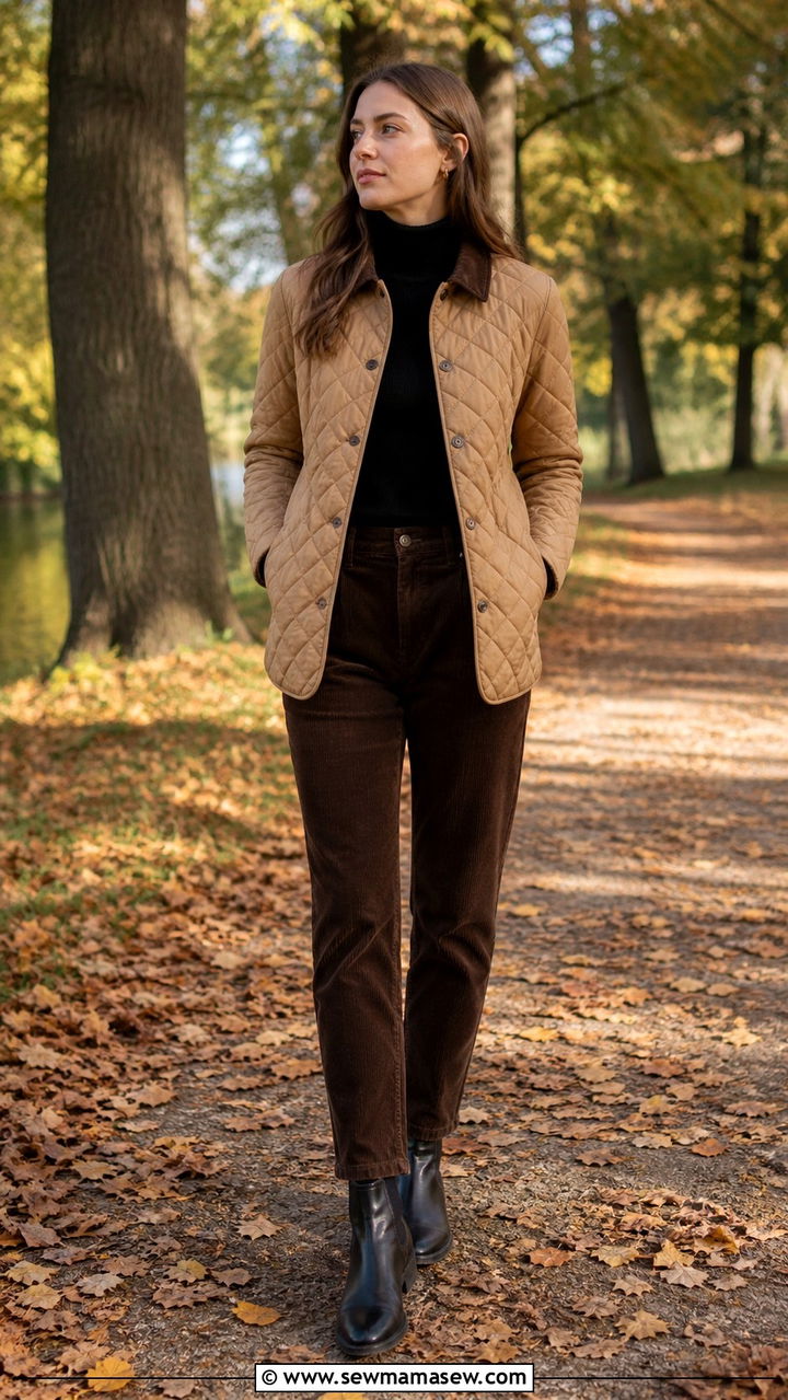 Quilted jacket with a turtleneck and corduroy pants - 40 Quilted jacket outfit ideas