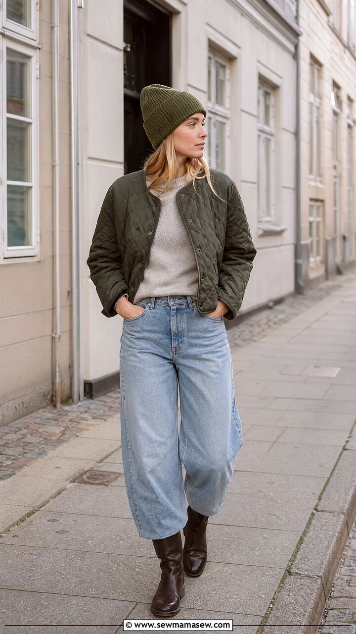 Quilted jacket with barrel jeans outfit - 35 Copenhagen outfits