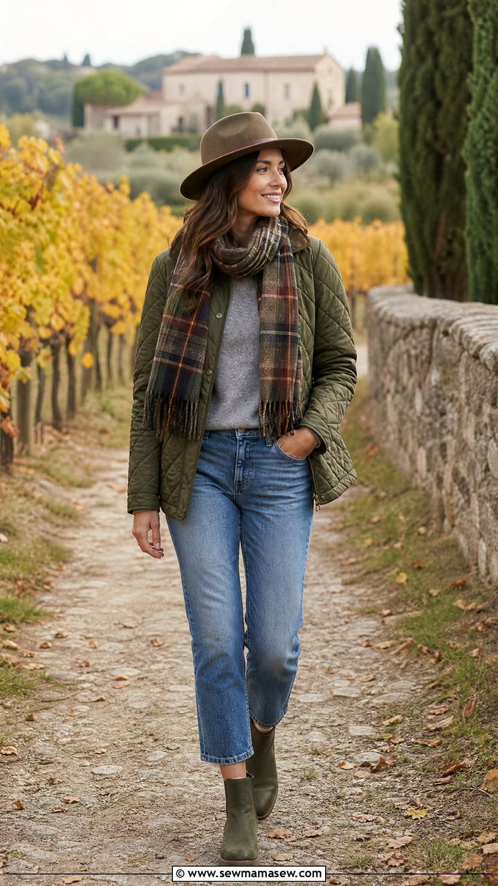 Quilted jacket with cashmere knit and denim - 30 cute Europe travel outfits