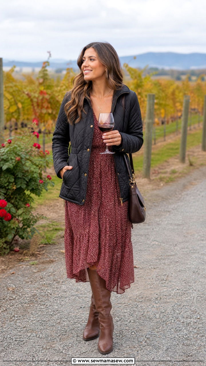 Quilted jacket with chiffon maxi dress and knee high boots - 30 Maxi dress outfit ideas with a jacket