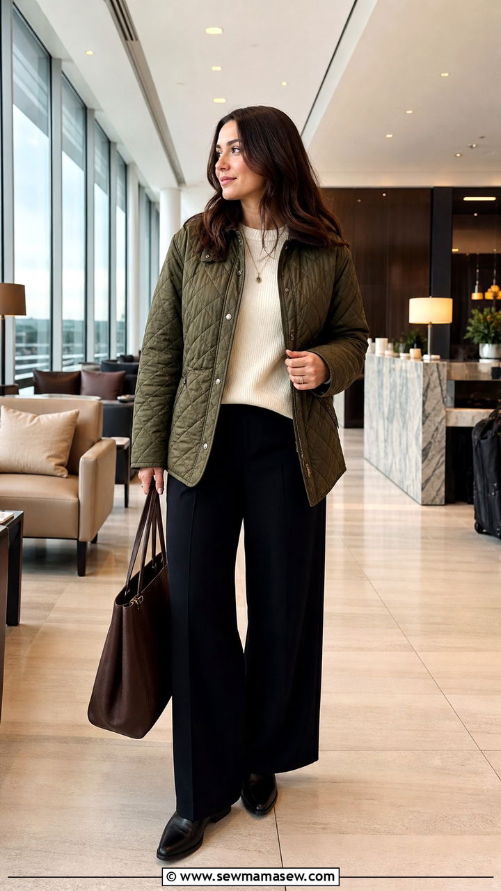 Quilted jacket with cream knit sweater and black wide leg pants - 40 travel outfits