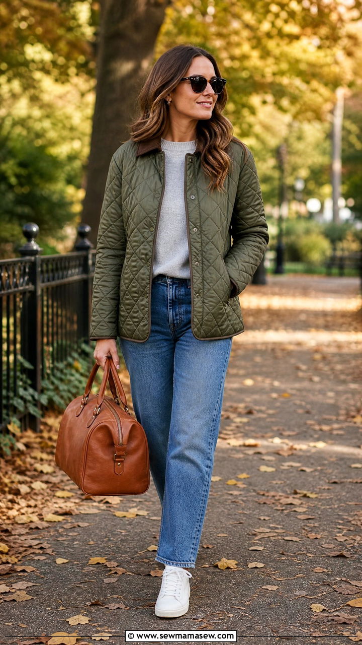 Quilted jacket with crewneck sweater and straight leg jeans - 30 classy jacket outfits