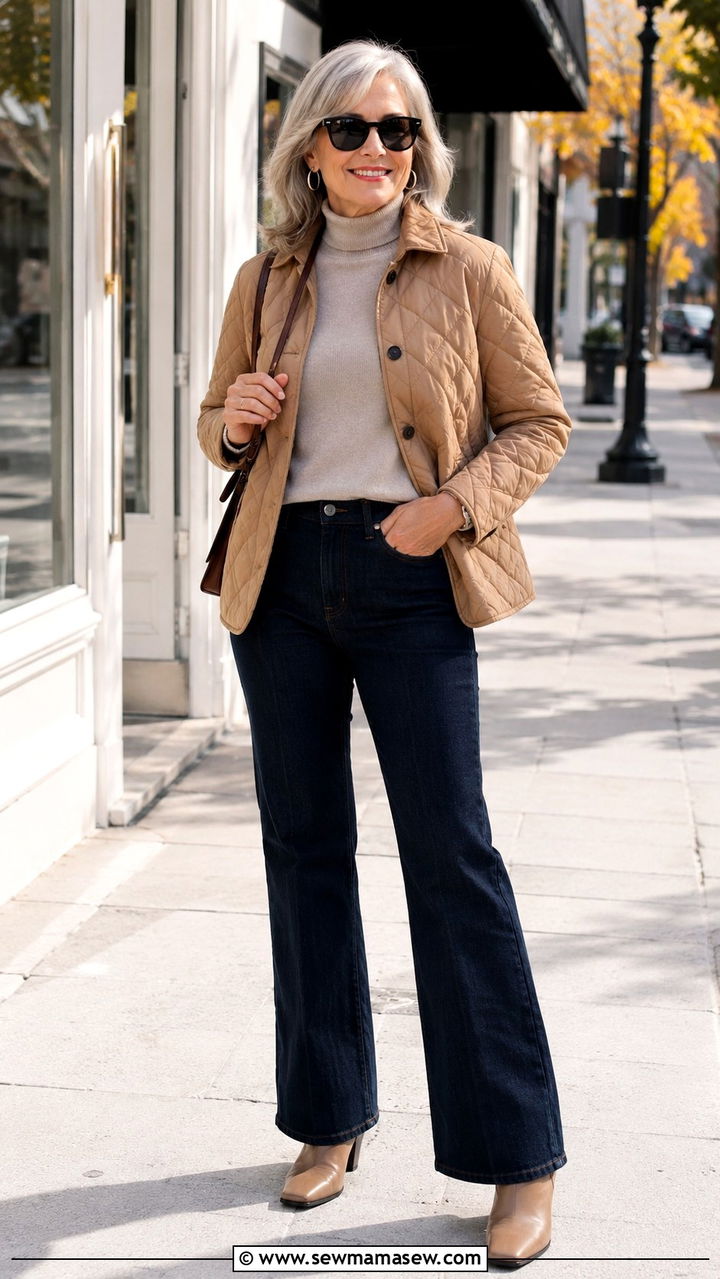Quilted jacket with dark flared jeans and square toe booties - 30 Plus size outfit ideas for women over 60