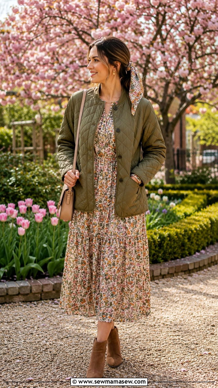 Quilted jacket with floral midi dress and ankle boots - 20 Eclectic grandpa outfit ideas 2026