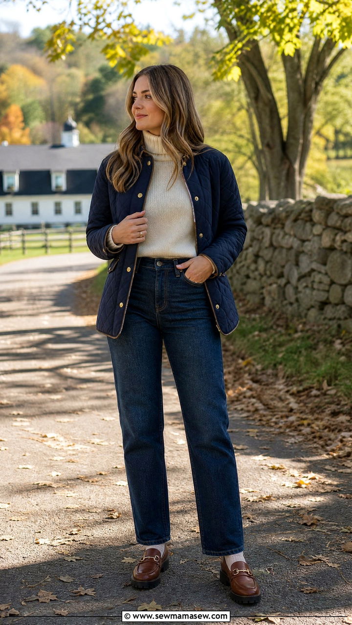 Quilted jacket with high waisted straight leg jeans and loafers - 30 High waisted jeans outfit ideas with loafers