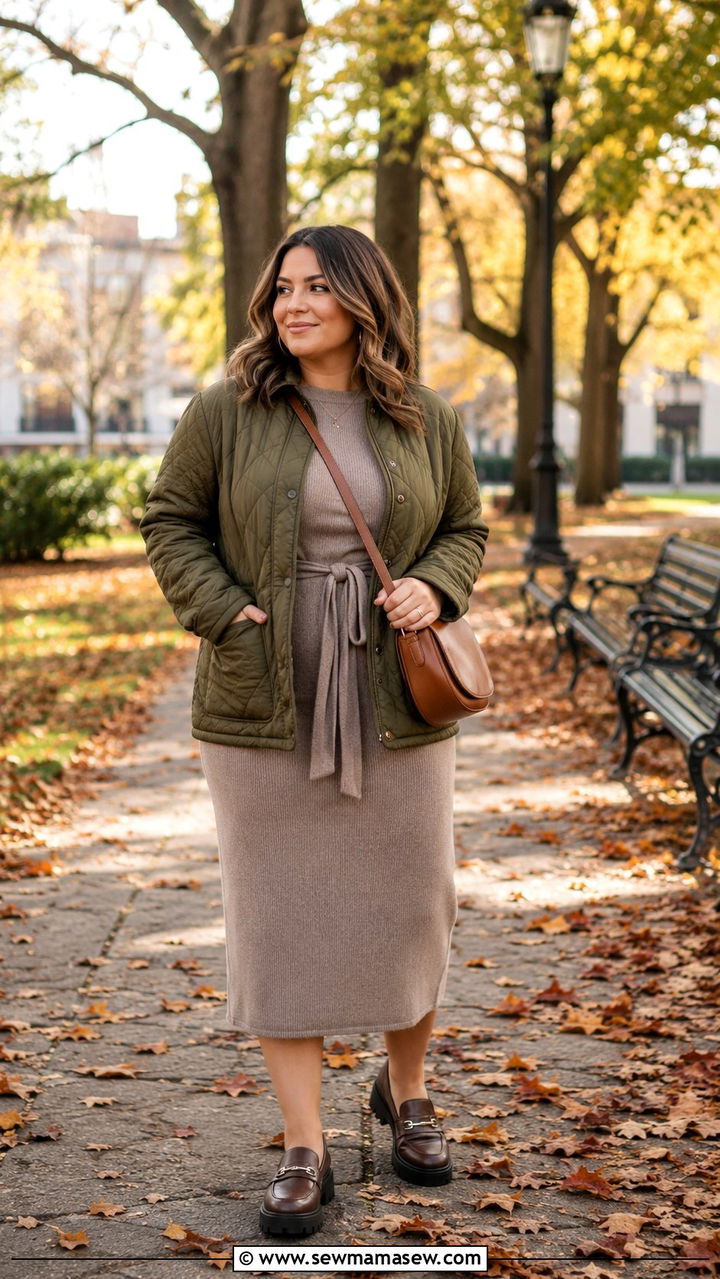 Quilted jacket with knit midi dress - 30 Petite plus size outfit ideas