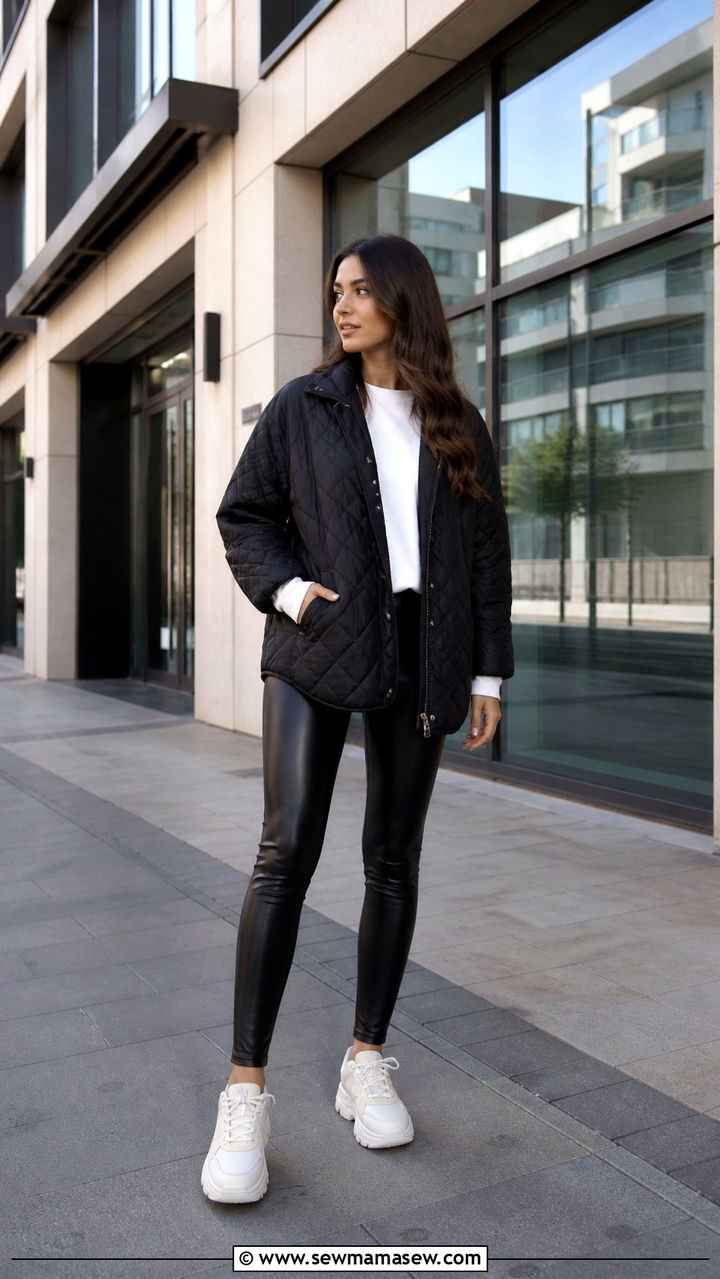 Quilted jacket with leather leggings and chunky sneakers - 40 Quilted jacket outfit ideas