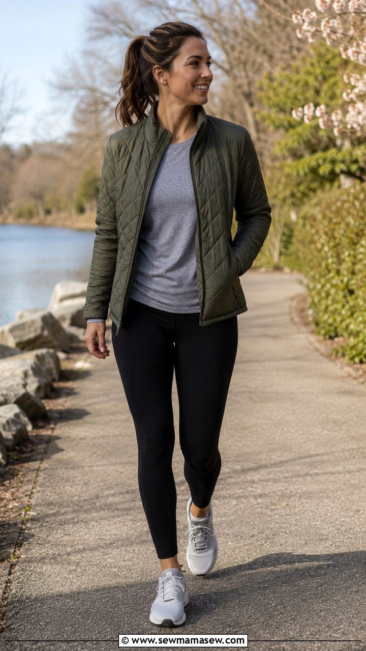 Quilted jacket with leggings and sneakers - 30 transitional sneaker outfit ideas