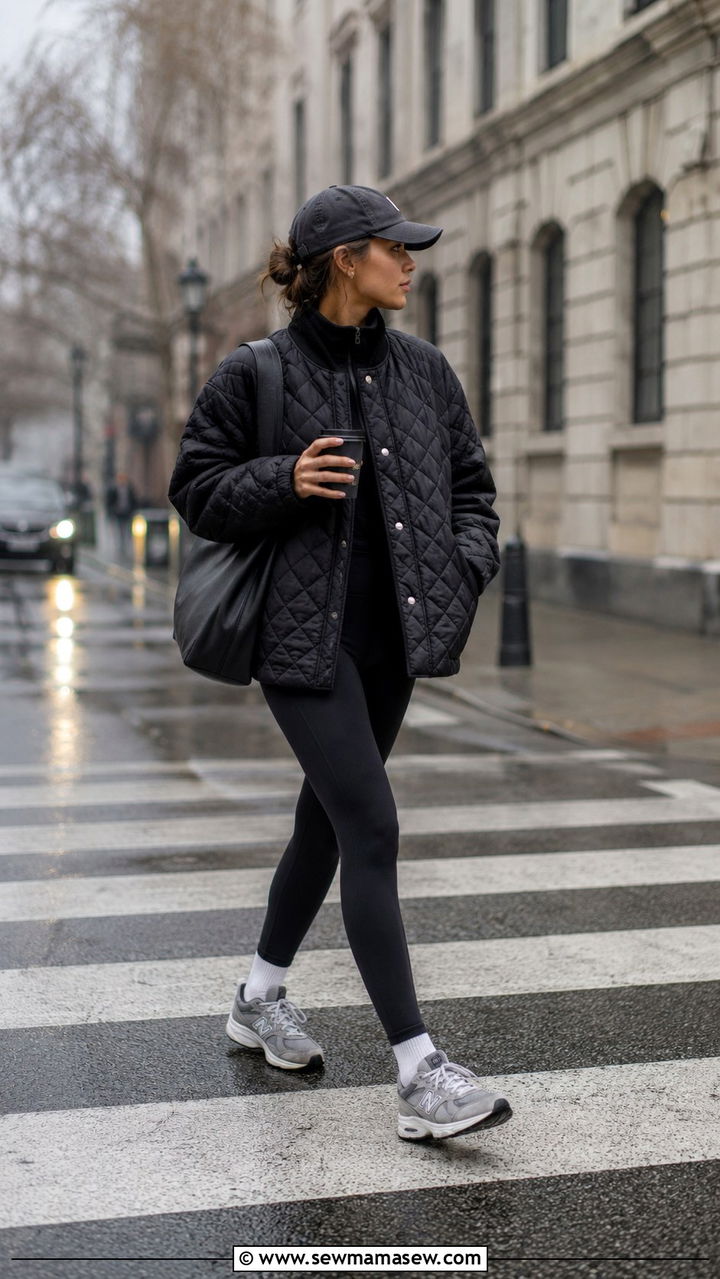 Quilted jacket with leggings and sneakers - 30 Rainy day weekend outfit ideas