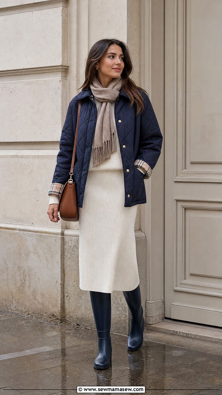 Quilted jacket with matching knit set and rain boots - 30 Cozy rainy day outfit ideas