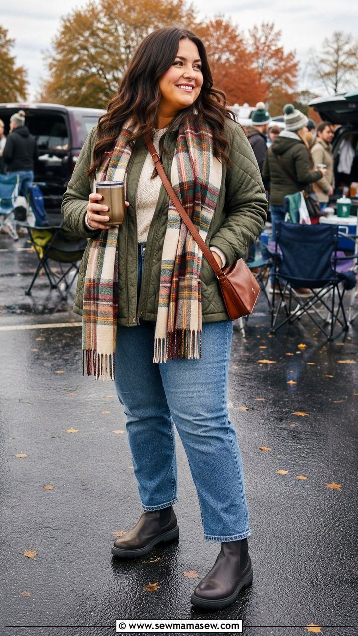 Quilted jacket with plaid blanket scarf and straight leg jeans outfit - 30 Plus size tailgate outfit ideas