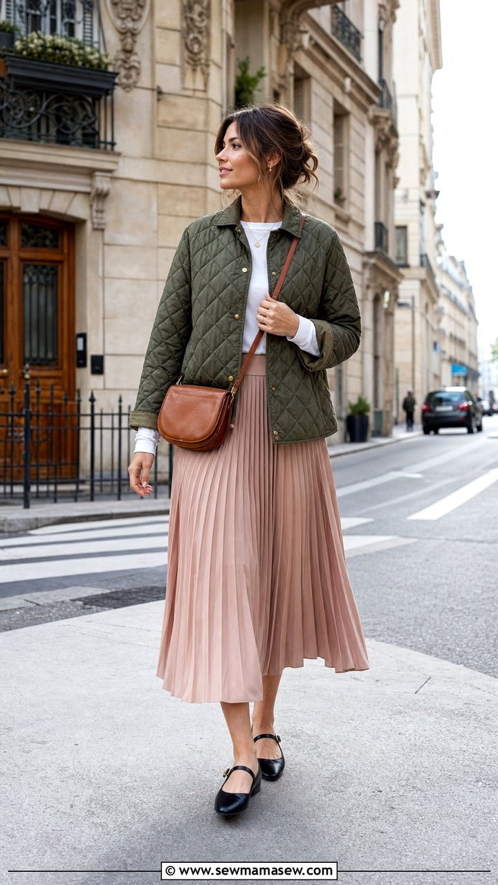 Quilted jacket with pleated midi skirt and Mary Janes - 25 spring early spring outfit ideas