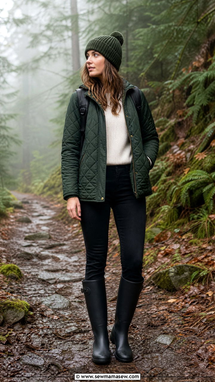 Quilted jacket with rain boots - 25 spring rainy day outfit ideas