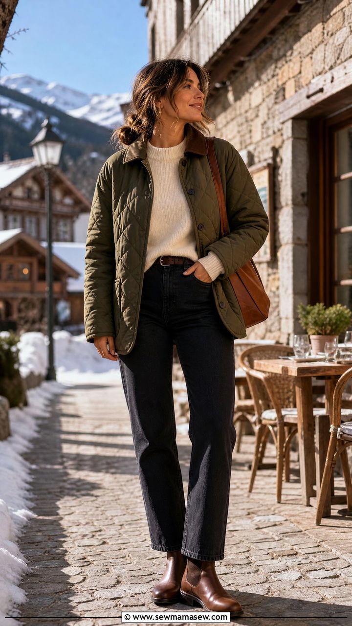 Quilted jacket with straight leg jeans and Chelsea boots - 30 Cozy chalet outfit ideas
