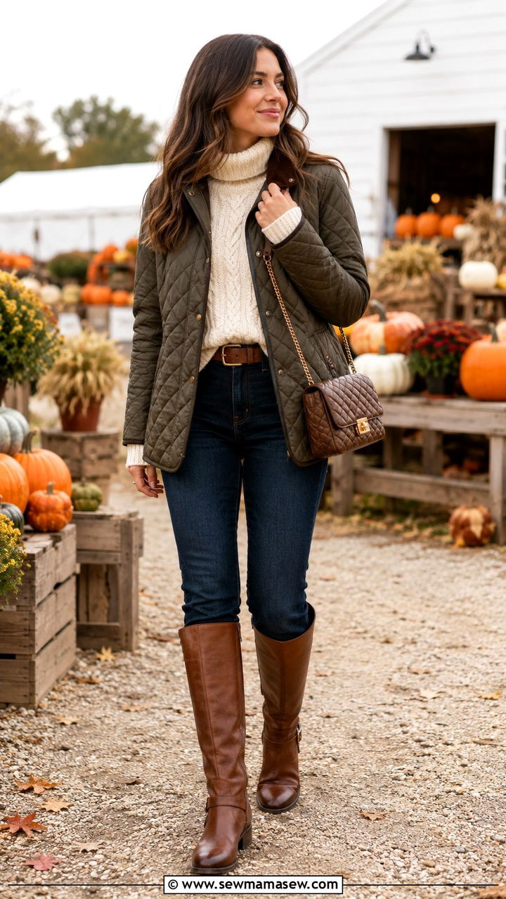 Quilted jacket with straight leg jeans and riding boots - 25 Old money outfit ideas with quilted jacket