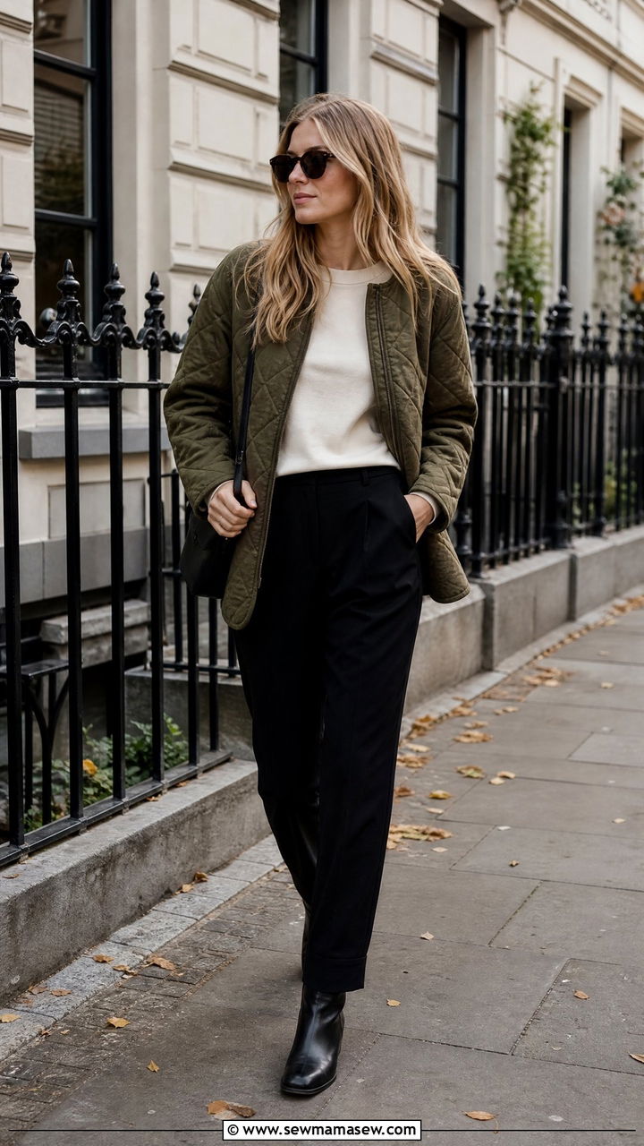 Quilted jacket with tailored pants outfit - 30 scandinavian capsule wardrobe outfits