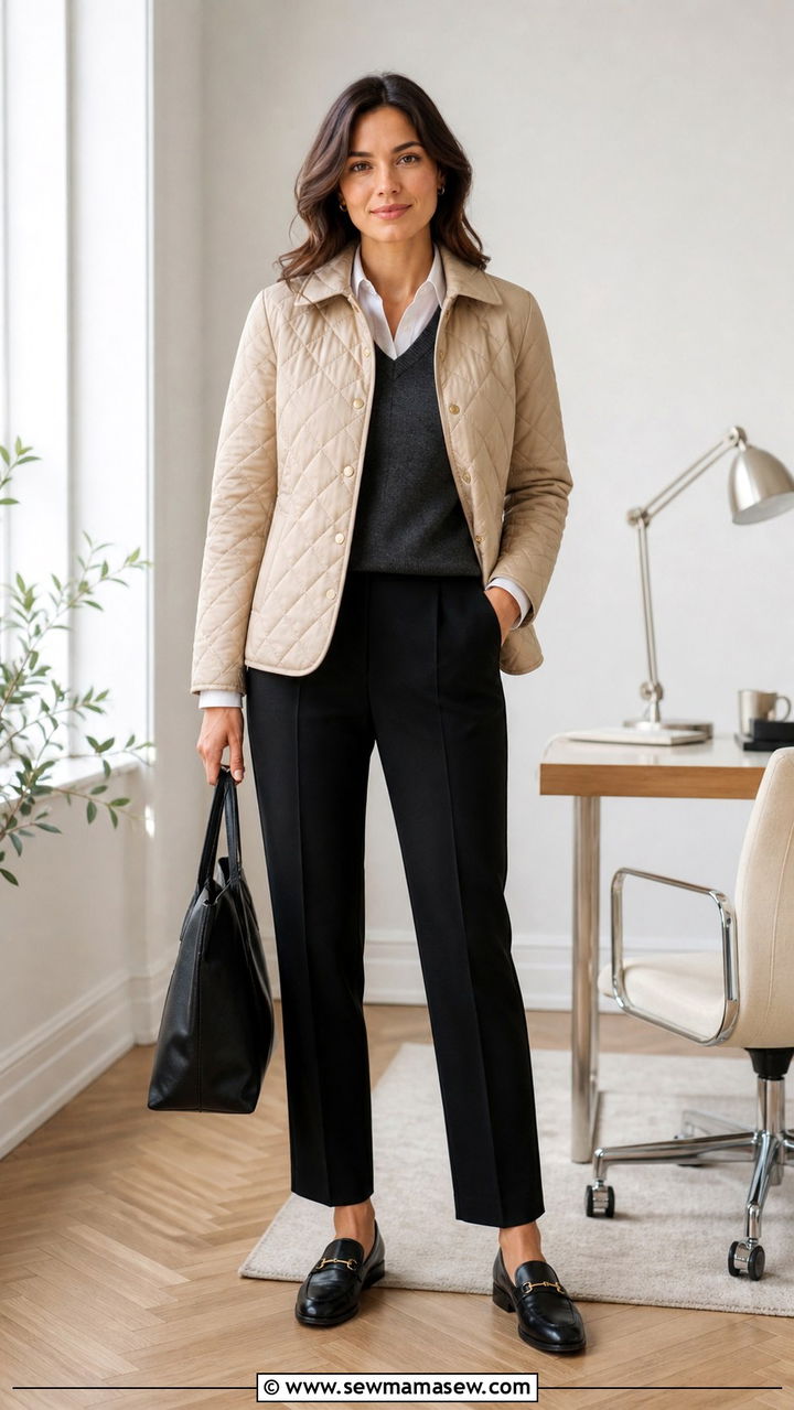Quilted jacket with tailored trousers and a sweater vest - 40 Quilted jacket outfit ideas