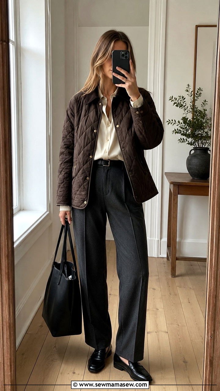 Quilted jacket with tailored trousers and loafers - 25 Old money outfit ideas with quilted jacket