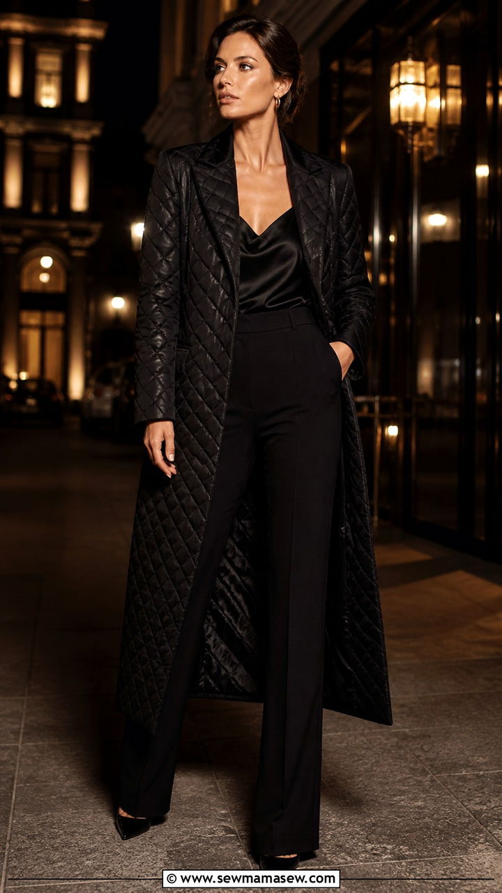 Quilted jacket with tailored trousers and pointed heels - 40 Quilted jacket outfit ideas