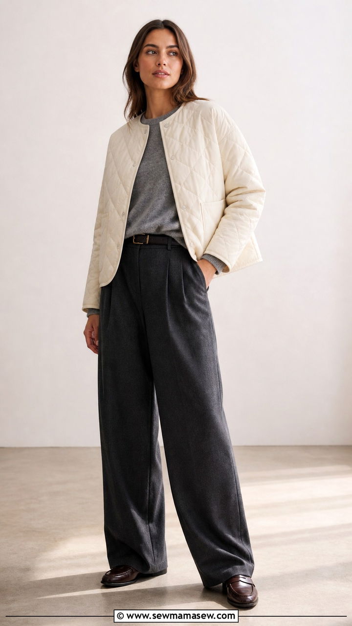 Quilted jacket with wide leg trousers and loafers - 40 Quilted jacket outfit ideas