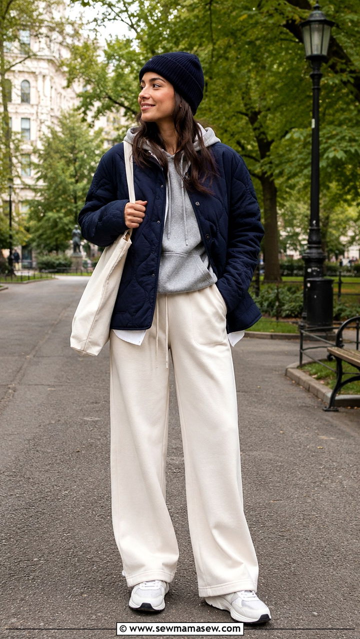 Quilted liner jacket with a hoodie and wide leg sweatpants - 30 Unpredictable weather outfit ideas