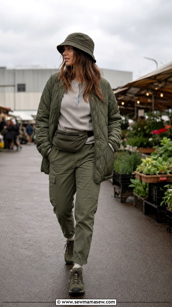 Quilted liner jacket with cargo pants and trail sneakers - 30 Overcast day outfit ideas