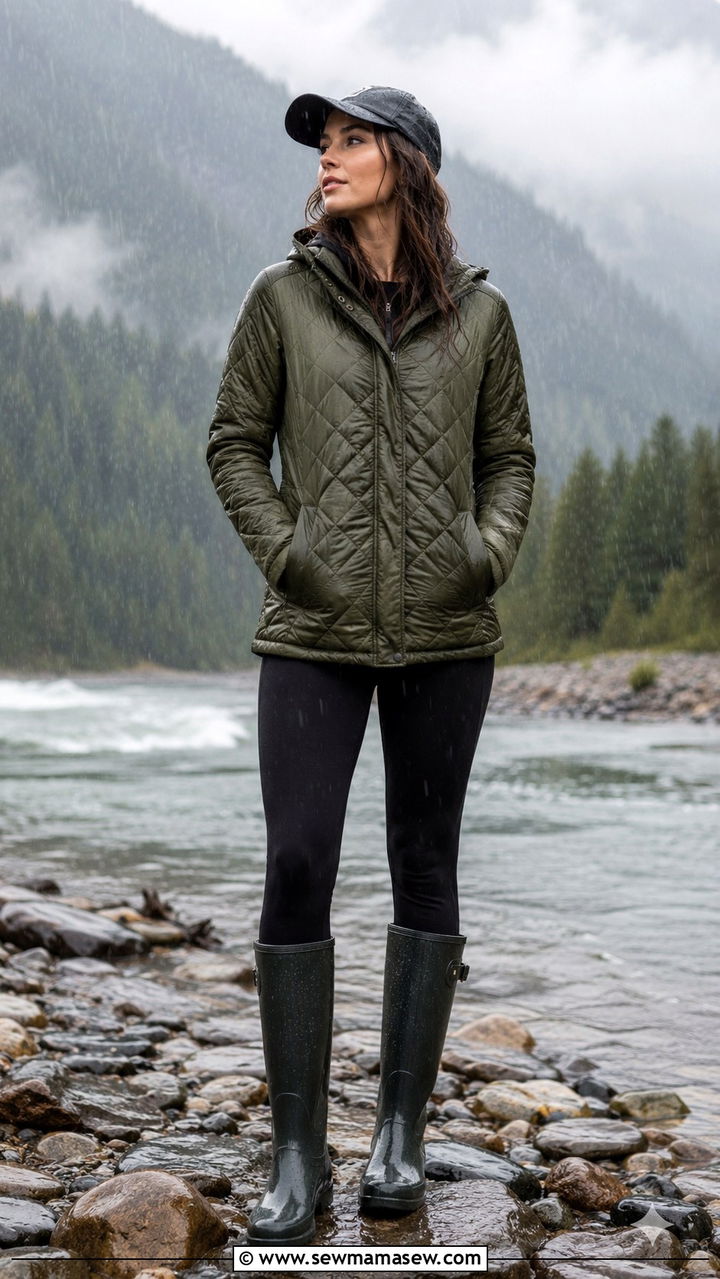 Quilted puffer jacket with tall rain boots - 20 Thunderstorm outfit ideas