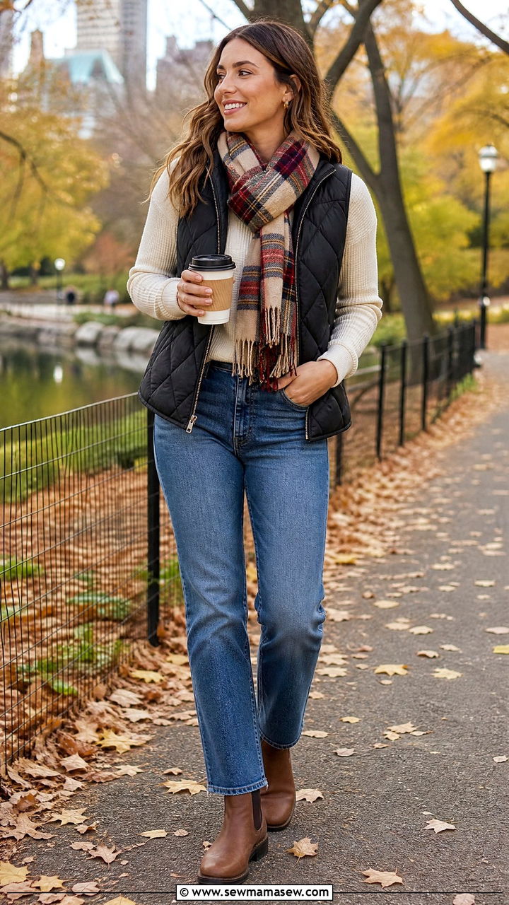 Quilted puffer vest over a long sleeve thermal and straight leg jeans - 30 First cold day outfits
