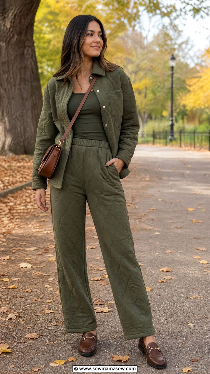 Quilted shacket lounge set with trouser pants - 25 Loungewear 3 piece set outfit ideas