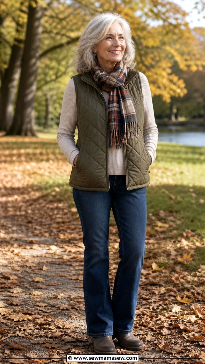 Quilted vest and jeans outfit for women over 60 - 40 How to dress in your 60s