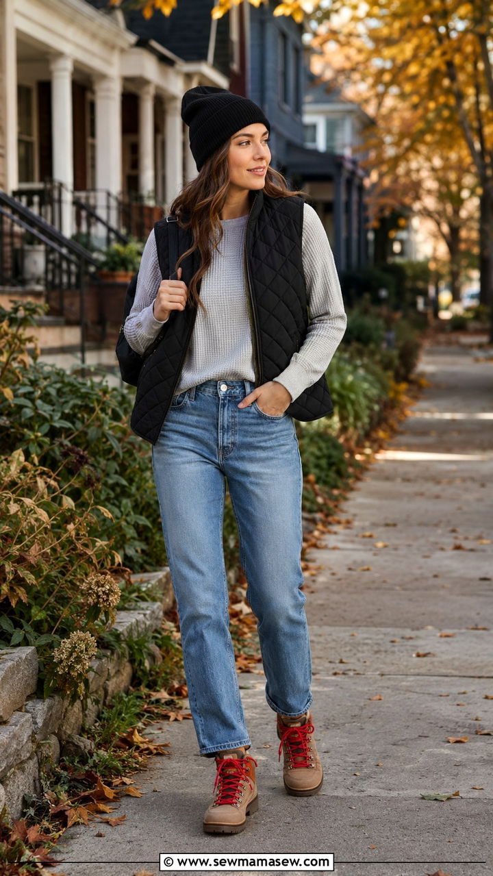 Quilted vest and jeans outfit gorpcore - 30 Gorpcore outfit ideas