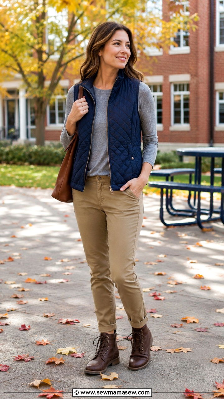 Quilted vest and long sleeve tee with chinos - 30 Middle school teacher outfit ideas