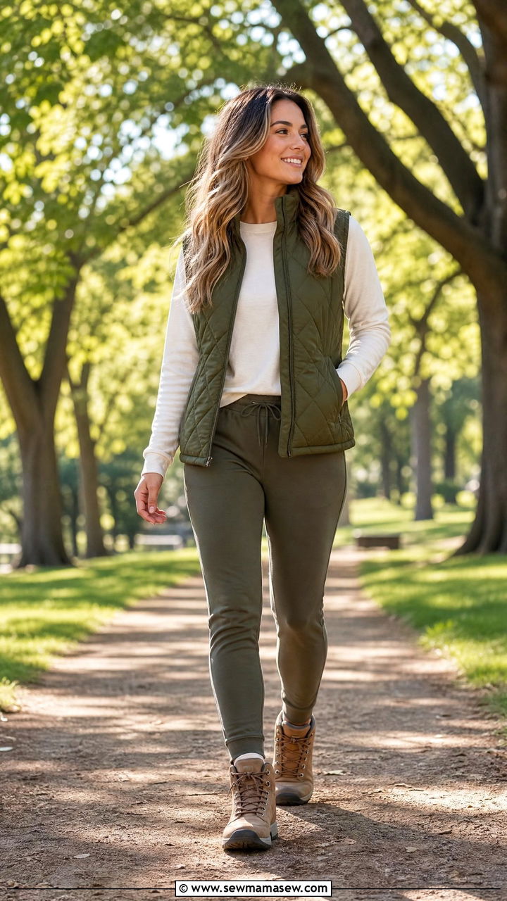 Quilted vest and long sleeve tee with joggers - 30 Cozy loungewear outfit ideas