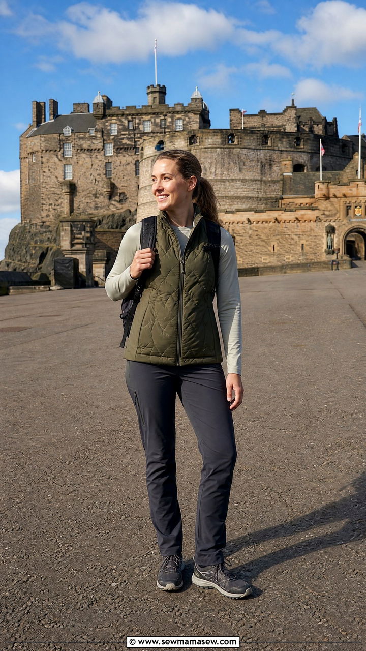 Quilted vest and travel trousers - 30 Edinburgh outfit ideas