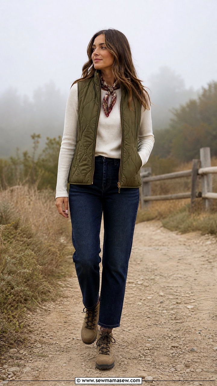 Quilted vest layered over a long sleeve tee and jeans - 25 Foggy day outfit ideas