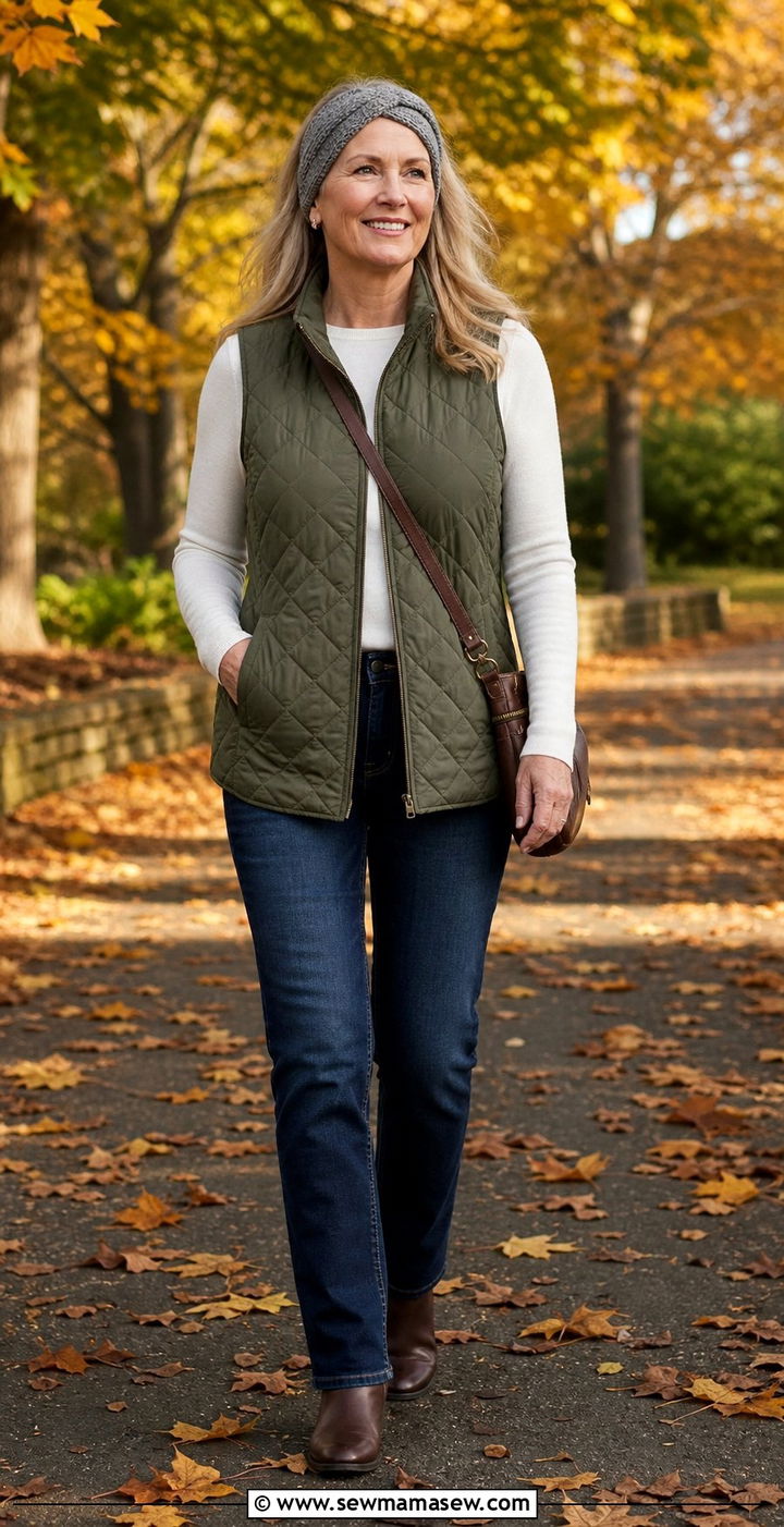 Quilted vest layered over long sleeve top outfit - 35 Business casual outfits for women over 50