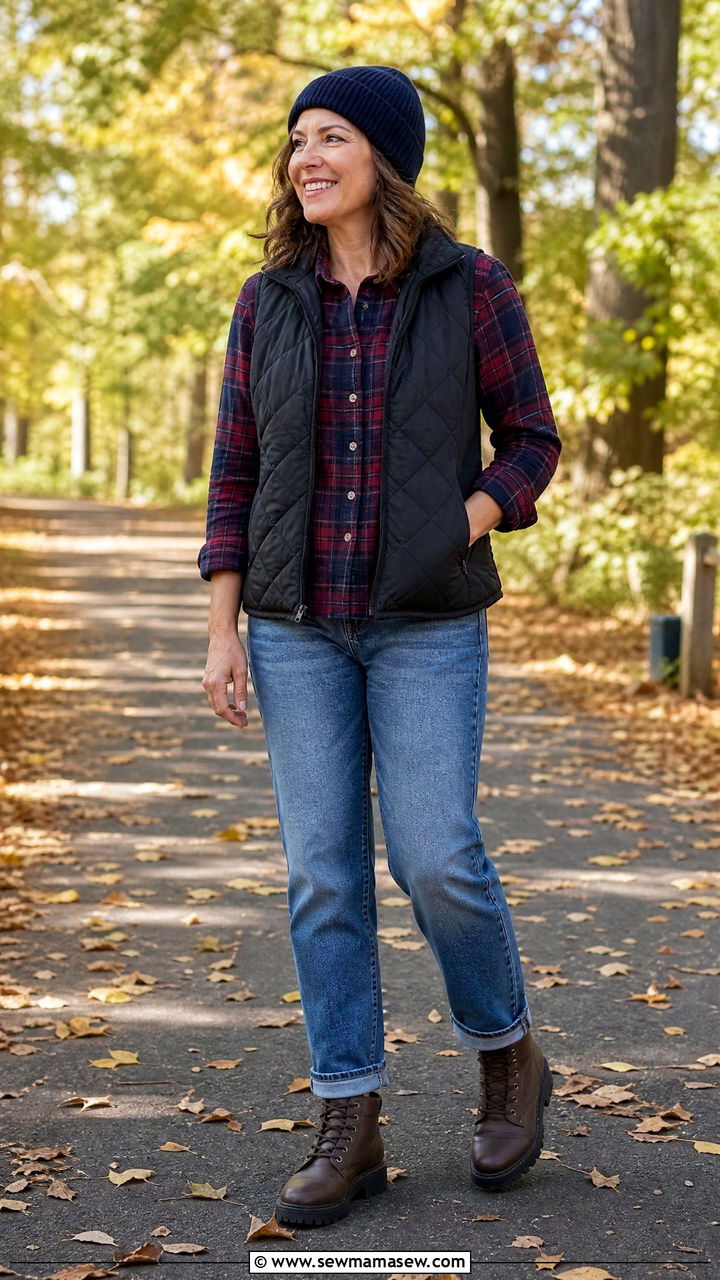 Quilted vest over a flannel shirt and straight leg jeans with lug sole boots - 35 Midsize outfits for women over 40