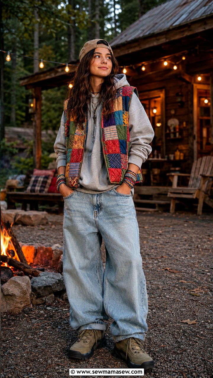 Quilted vest over a hoodie with baggy jeans - 30 Indie girl outfit ideas