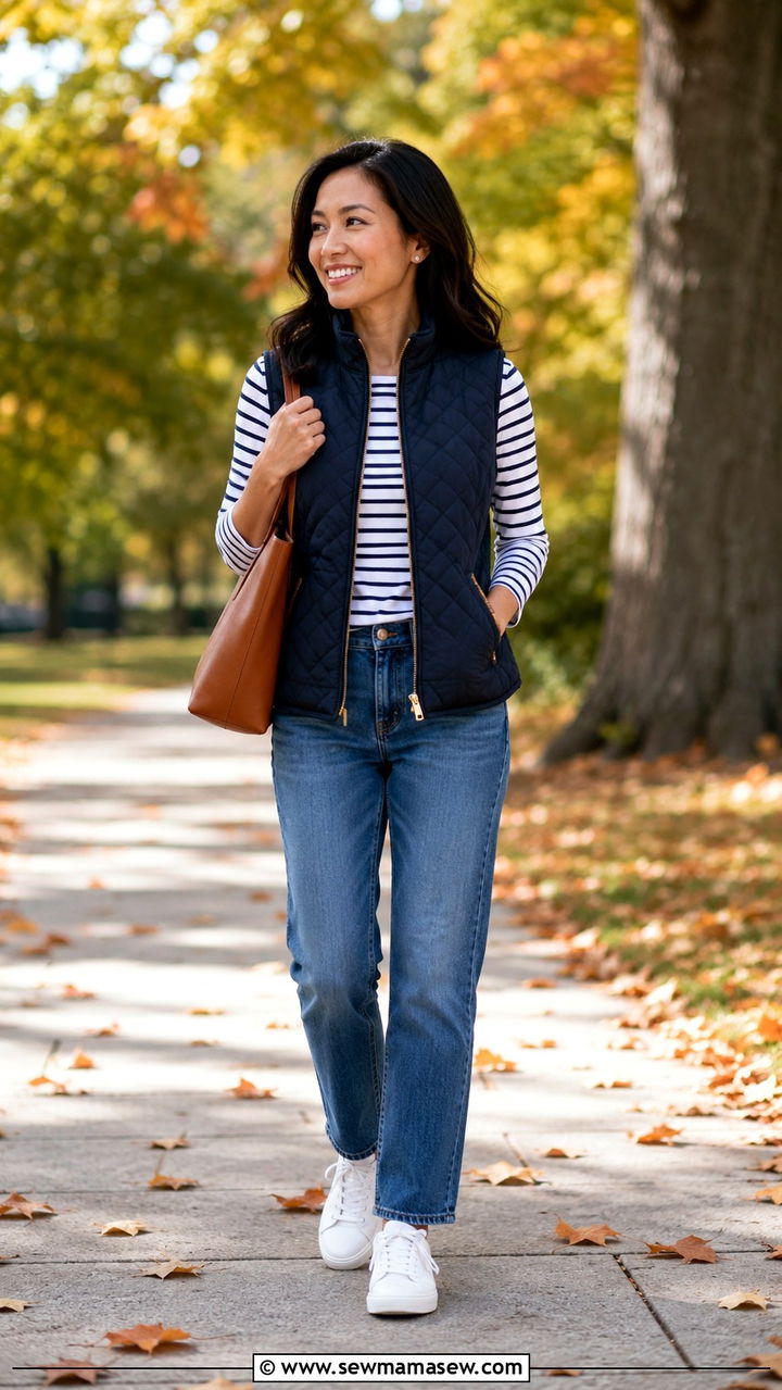 Quilted vest over a long sleeve striped tee with straight leg jeans and sneakers - 25 Petite outfit ideas for moms