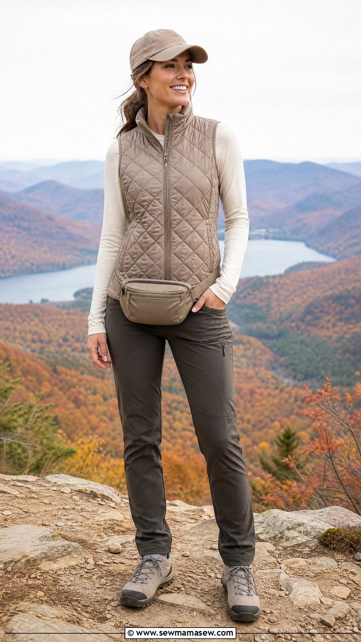 Quilted vest over a long sleeve tee with hiking pants - 25 Modest outfit ideas for mountain trip