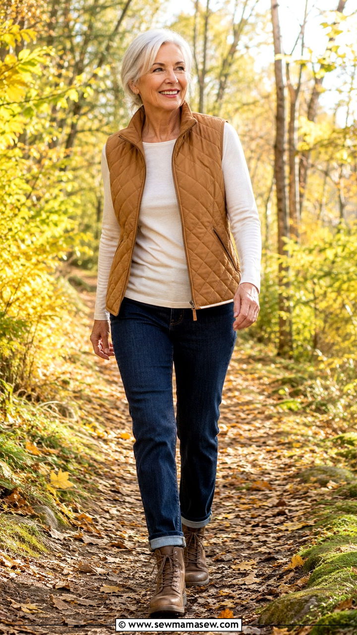 Quilted vest over a long sleeve tee - 30 Outfit ideas for women over 70 casual 2026