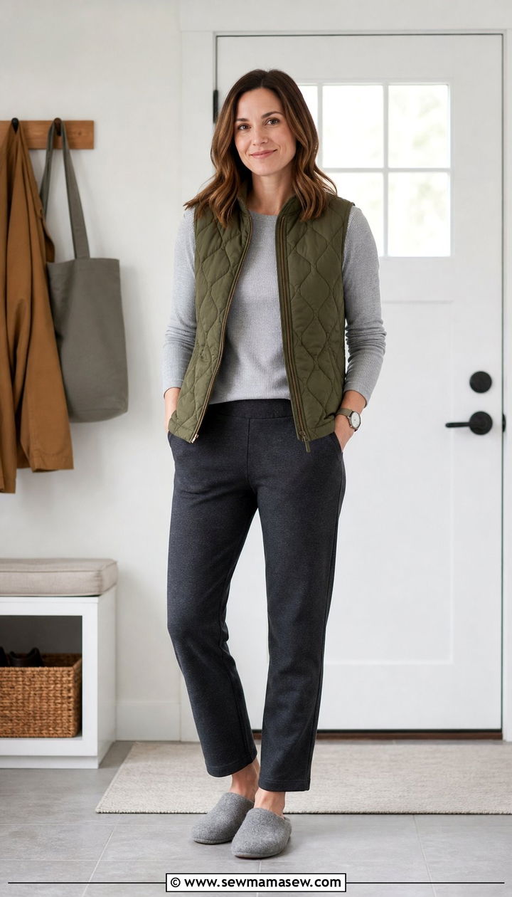 Quilted vest over a long sleeve thermal tee - 25 Spring at home outfit ideas