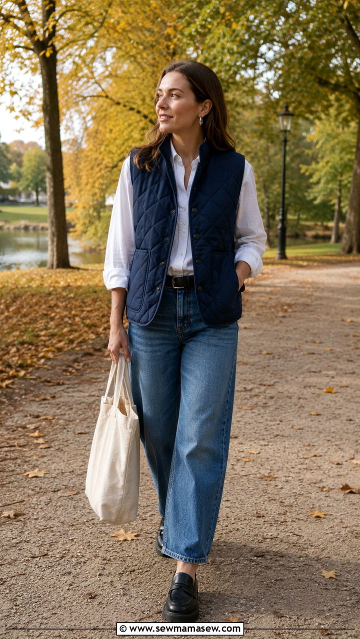 Quilted vest over button down and barrel jeans - 25 Scandinavian cozy outfit ideas